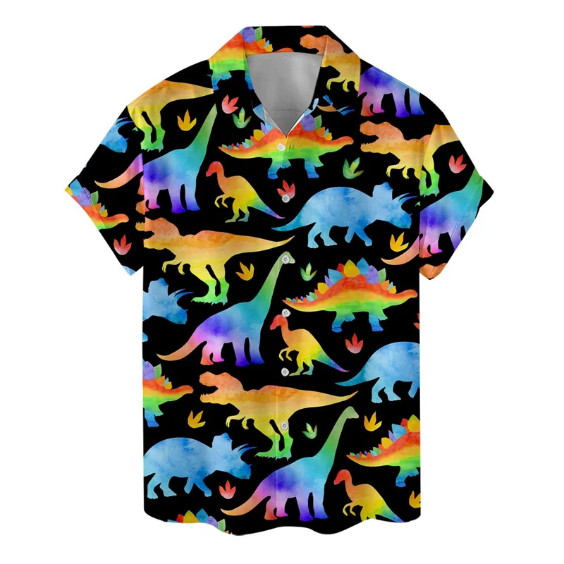 Kemeja hewan kucing rakun Hawaii pria, baju pakaian motif dinosaurus cetak 3D kerah Lapel lengan pendek gaya Aloha