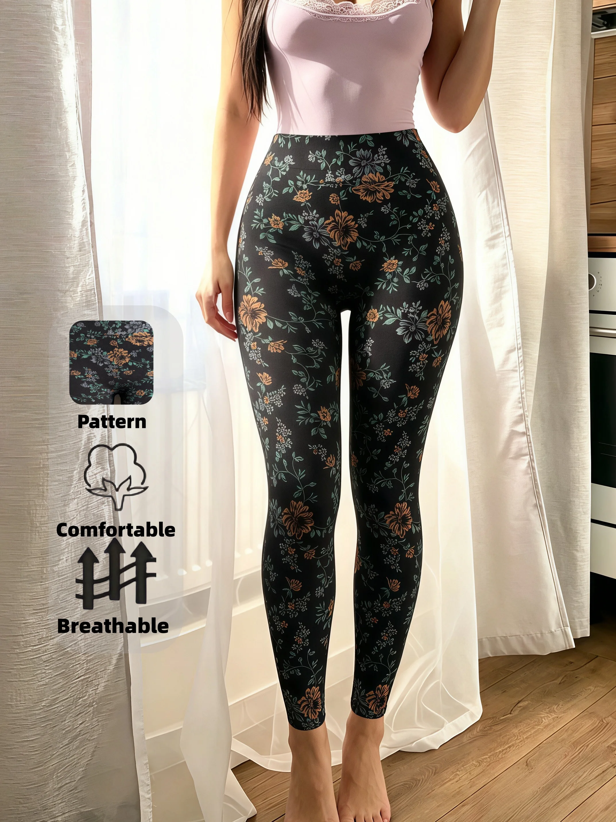 Women's Vintage Floral Leggings Black Floral Print Seamless Soft Skin Friendly High Stretch Pants for Work Casual Sports view 3