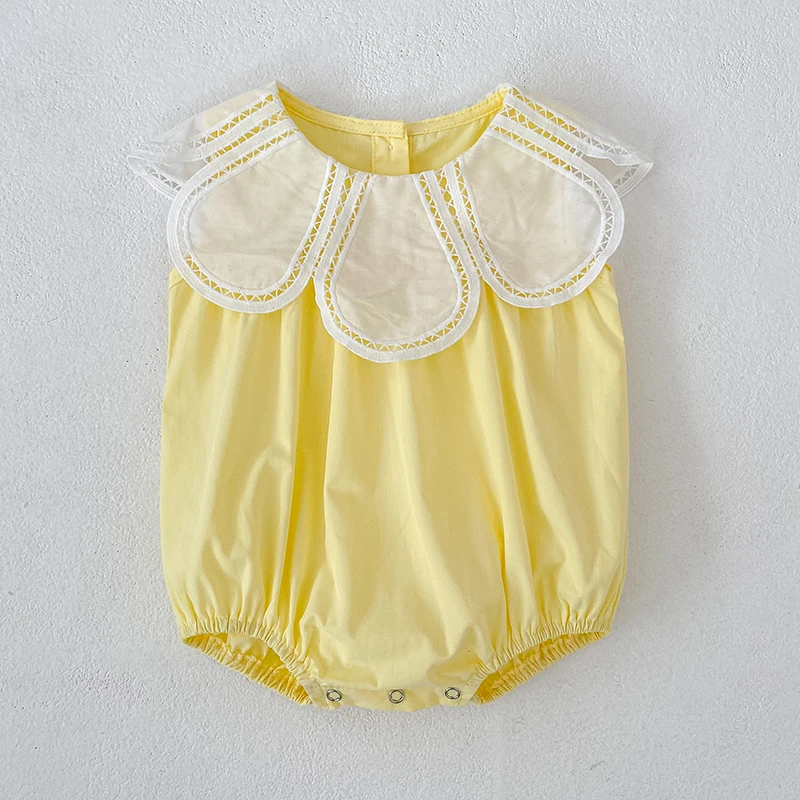 0-24M Baumwolle Sommer Baby Mädchen Kleidung Neugeborenes Baby Mädchen Strampler Ärmelloser Blütenblatt-Kragen Overall – Detail 16