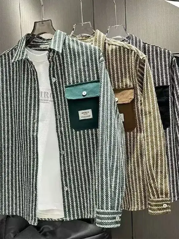 

Casual Striped Long Sve irt Men's Loose Fit Autumn Faion Brand Versatile Haome Outerwear ket Detail Workwear Sle