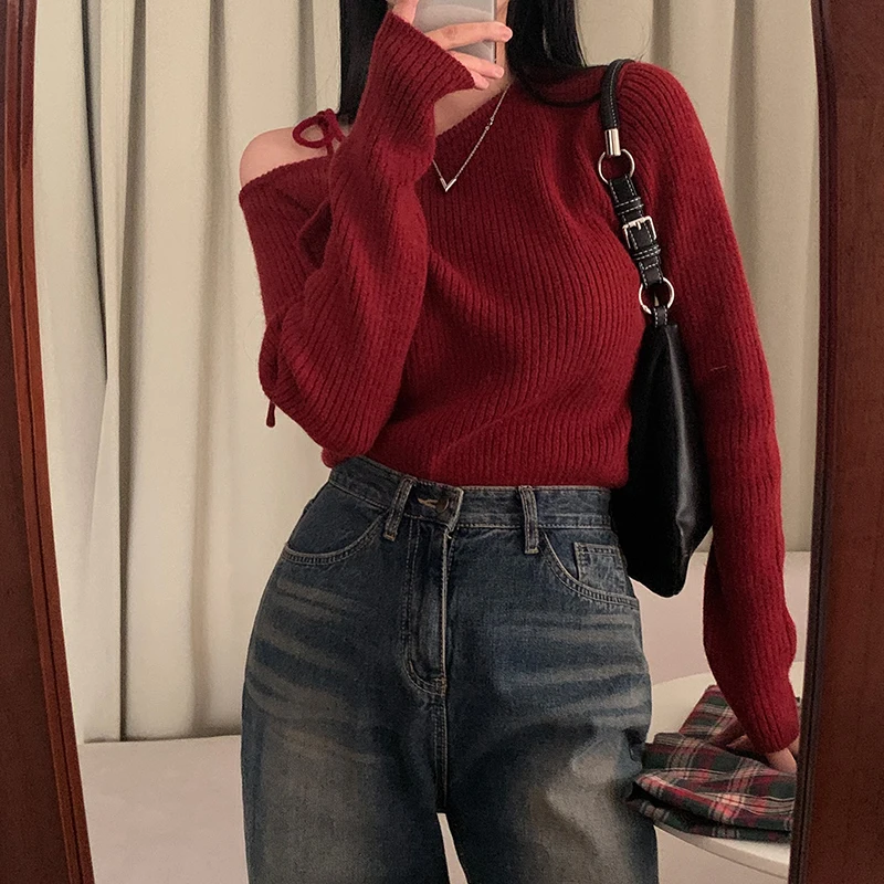 Sweater Women Irregular Skew Collar Long Sleeve Chic Casual Knitted Pullovers New Year\'s And Christmas Sweaters