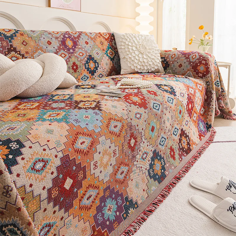 

Big size Bohemian Jacquard Cotton Linen Sofa Cover All-Season One-Piece Anti Scratch Sofa Plaid Multifunctional Blanket S074
