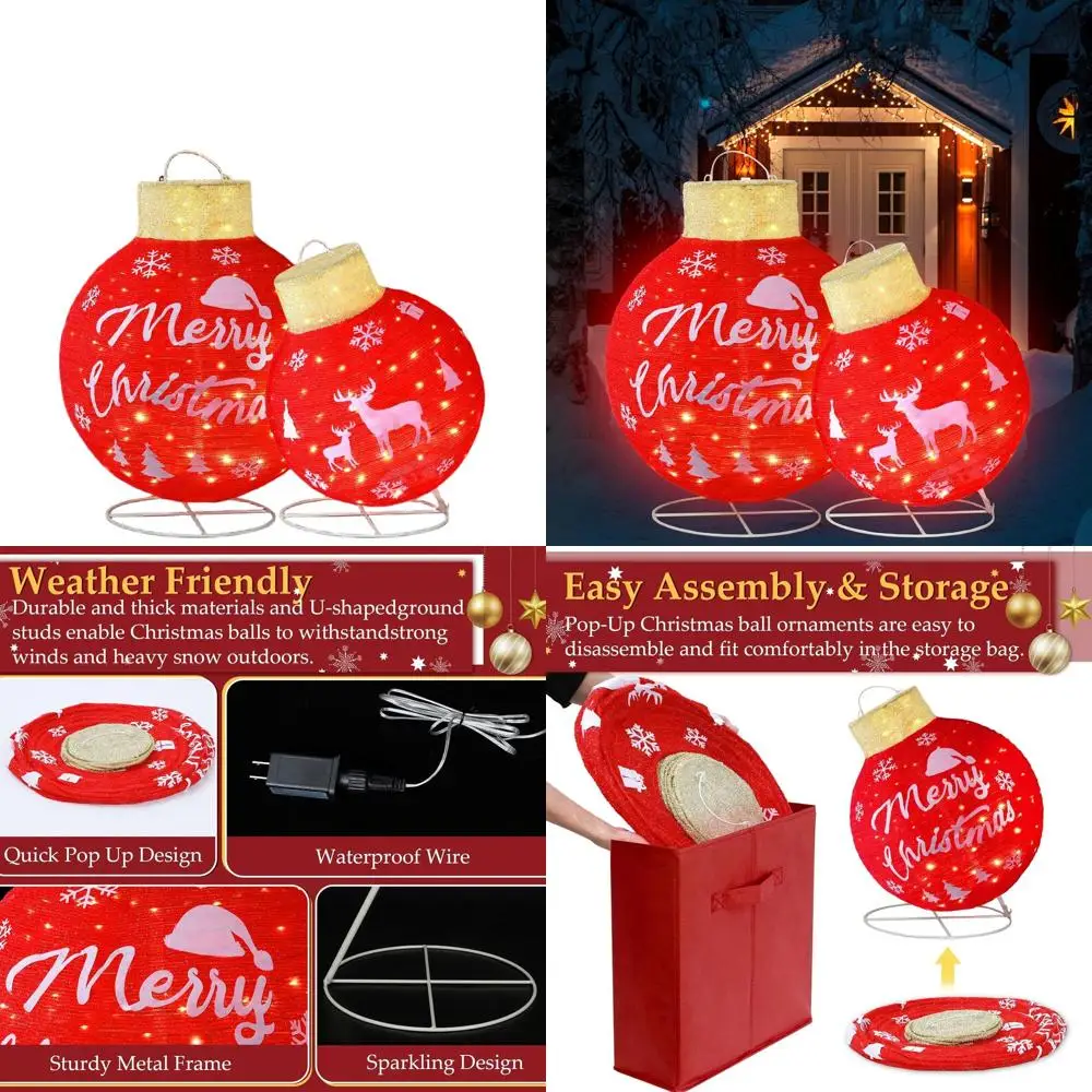 

2 Large Red LED-lit Christmas Pop-Up Balls for Outdoor & Indoor Holiday Decor