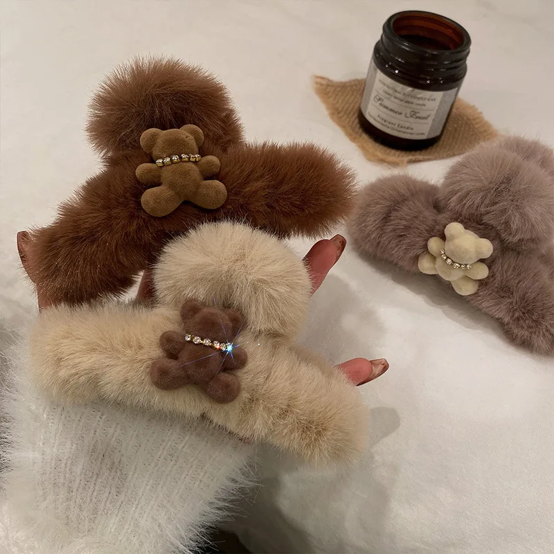 New Korean Ins Bear Plush Grip Female Cute Headdress Hairpin Autumn and Winter Temperament Back Head Shark Clip