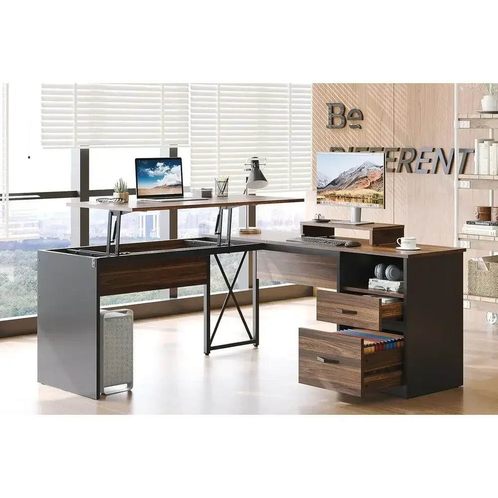 Walnut 55 L-Shaped Desk with Illuminated Top, Reversible File Drawer and Monitor Stand for Home Office