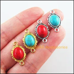 Fashion 20Pcs Retro Gold Color Tibetan Silver Tone Oval Flower Blue&Red Stone Charms Connectors 12x21mm