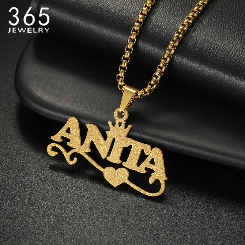 

365 Custom Name Frosted Style Necklace Stainless Steel Personalized Heart Crown Nameplate For Women Girls Fantastic Jewelry Gift