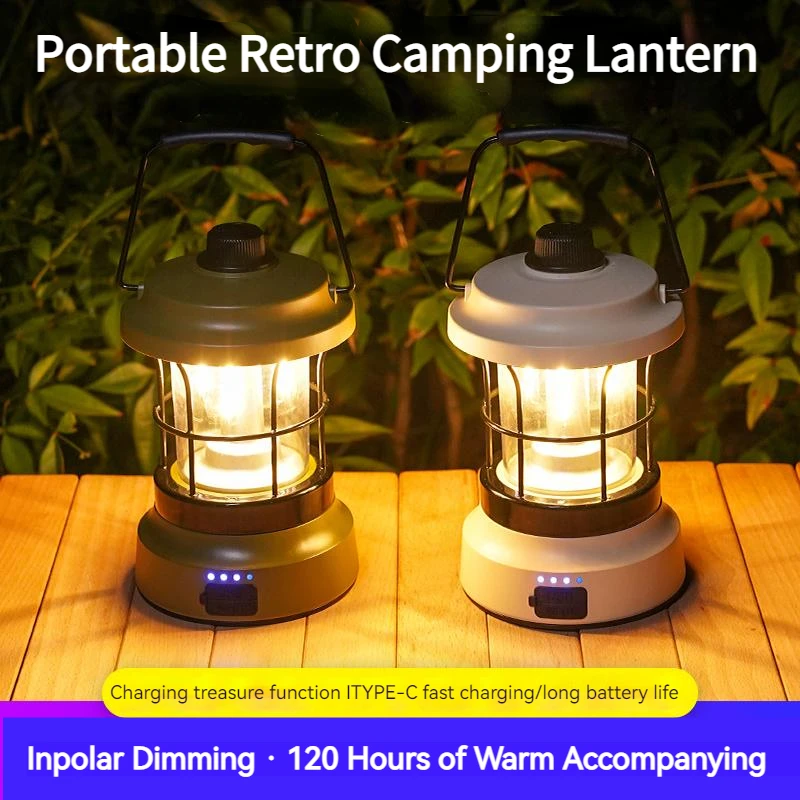 Rechargeable Retro Camping Lantern Outdoor Emergency Tent Light 3 Colors Dimmable Ambient Table Lamp Hanging Fishing Flashlight