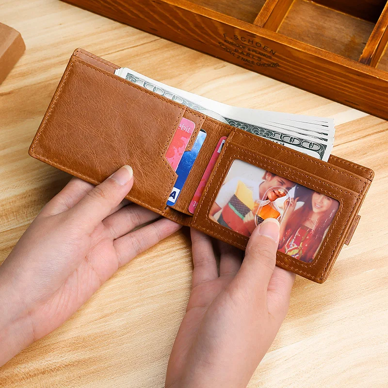 

Top layer cowhide anti-theft brush men's wallet, genuine leather multi-functional thin and light retro business US dollar holder