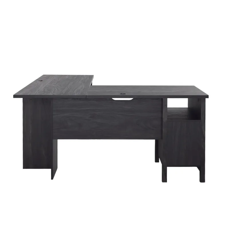 Modern Farmhouse L-Desk, Black Finish，Spacious work area，Open shelves， desks