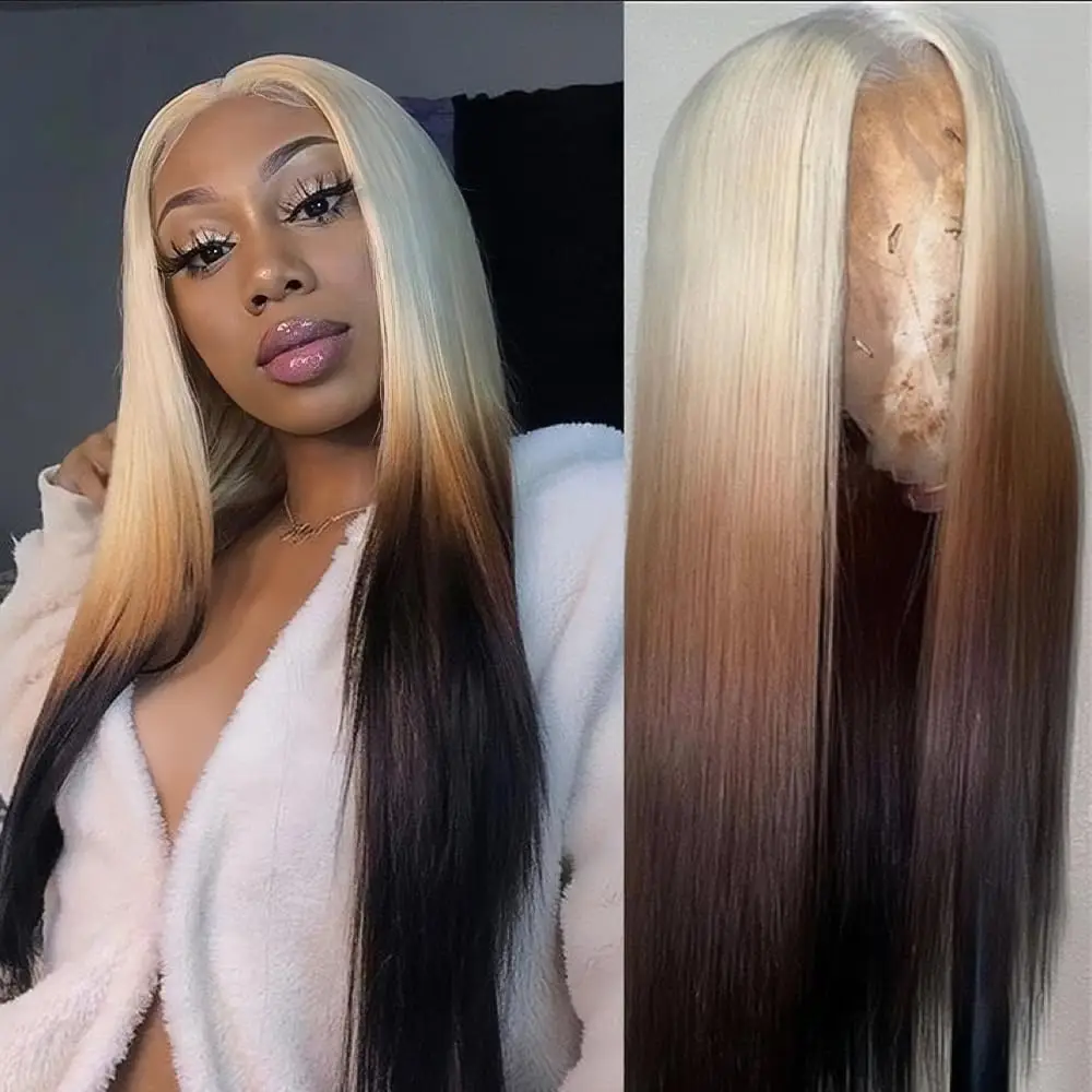 

Ombre Blonde 13x6 Парик Фронта Шнурка Синтетический Парик Блондинка 613 Корней С Черными Концами Прямой Прозрачный HD Парик Фронта Шнурка Косплей