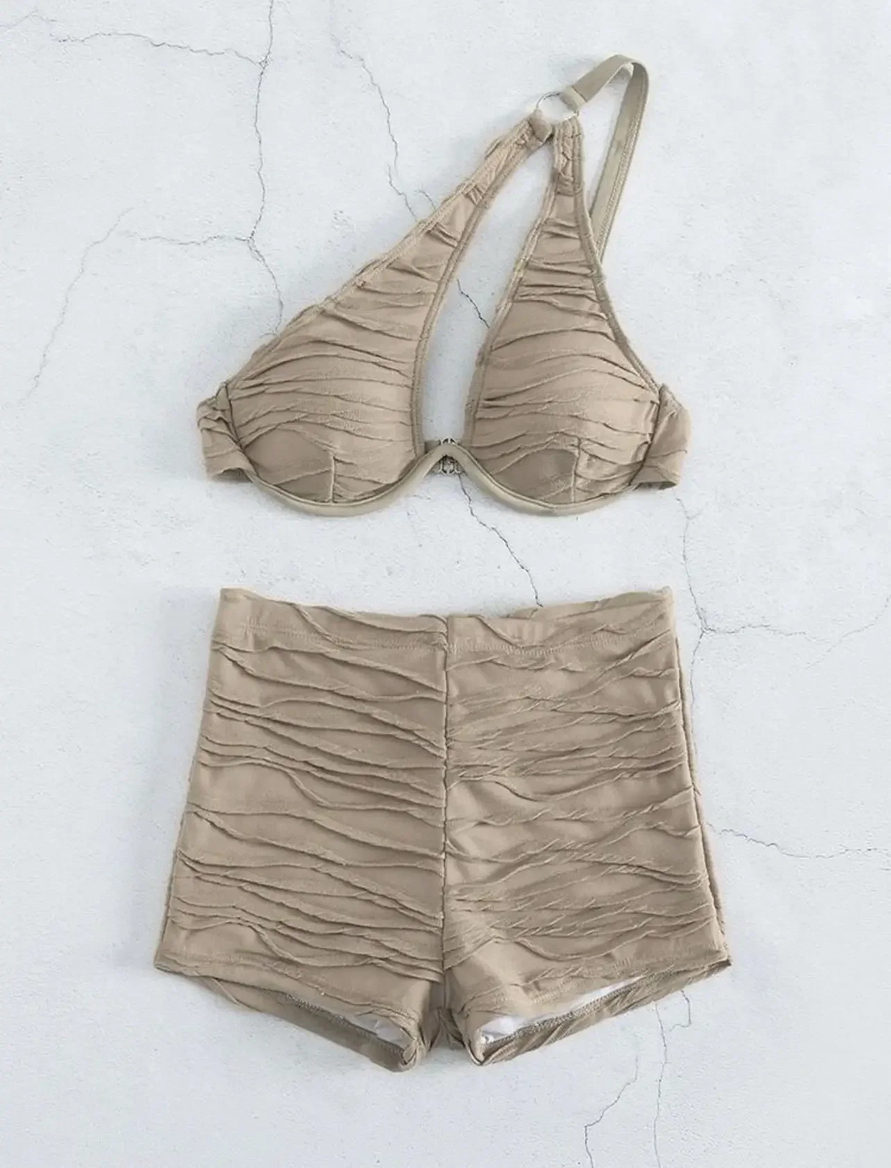 Baju Renang Berlipat 2024 Wanita 2 Potong Bikini Warna Solid Pinggang Tinggi Pakaian Renang Berkawat Bahu Tunggal Berongga Pakaian Mandi