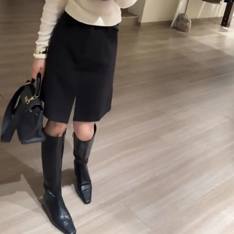 New Fashion Split Skirt Women Autumn Winter Elegant Slim High Waist A-line Solid Color Wrapped Hip Skirt Office Lady Jupe