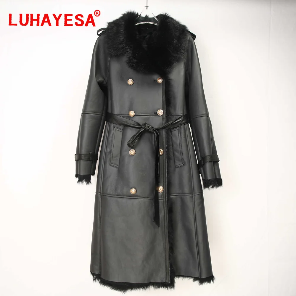 2024 Spain Tuscany Lamb Shearling Fur Coat Women Black Slim Extra Long Double Breasted Real Fur Clothing