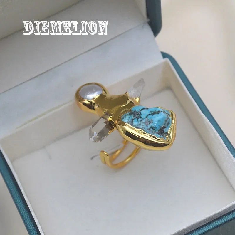 

New Design Inlaid Natural Pearl Clear Crystal Turquoise Open Adjustable Rings for Women Luxury 18K Gold Plated Rough Stone Ring