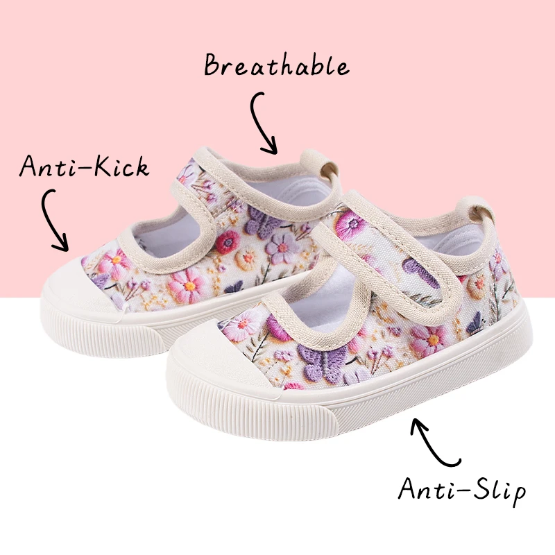 Spring New Girls' Floral Breathable Comfortable Canvas Sneakers, Durable Toddler Footwear for Active Kids