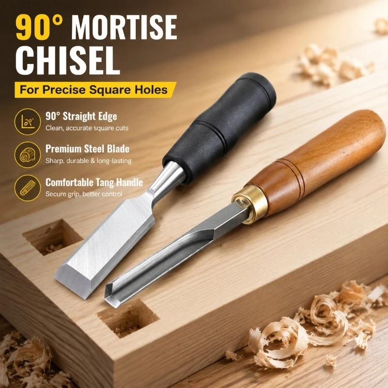90 Degree Woodworking Chisel Mortise Chisel with Tang Handle for Square Hole Making Wood Carving Tool