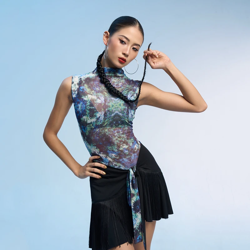 

Костюмы для латинских танцев 2025 для женщин, топ с высоким воротником и принтом, юбки с завязками с кисточками, платье для латинских танцев для взрослых и женщин, DQS20903