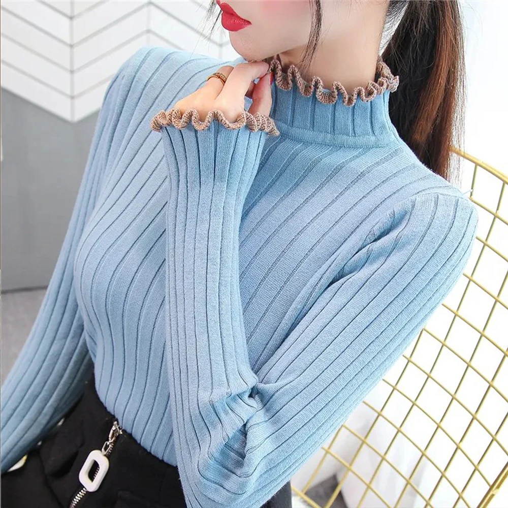 Women\'s Turtleneck Long Sleeve T Shirt White Black Female Blouses S-2XL Screw Slim Stretch Tees Clothes Thread Knitted Top