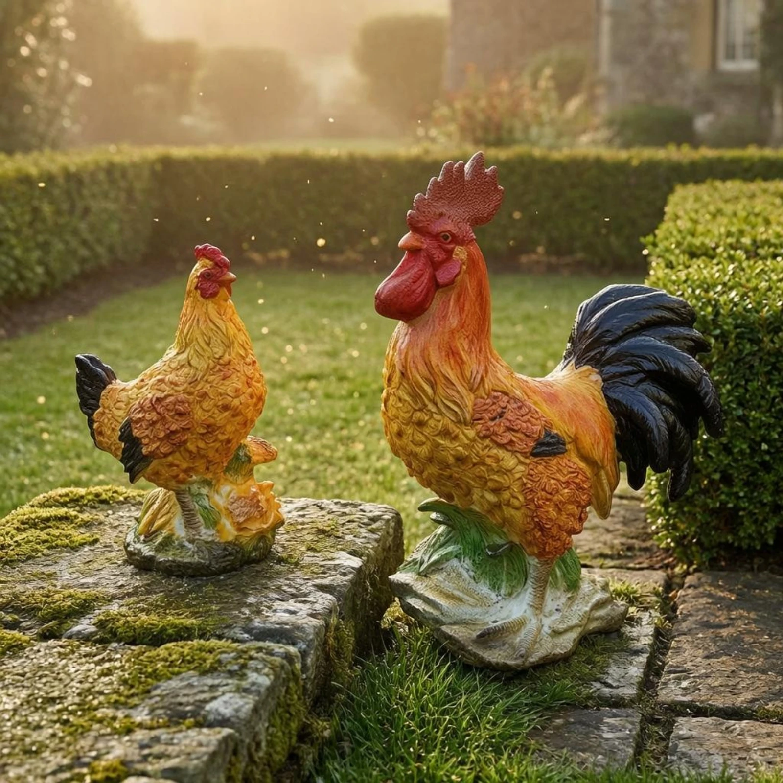 Cockerel and Hen Statue Textured Base Solar Chicken Statue Chicken Garden Sculpture Rustic Charm Cockerel Solar Light Waterproof - view 2