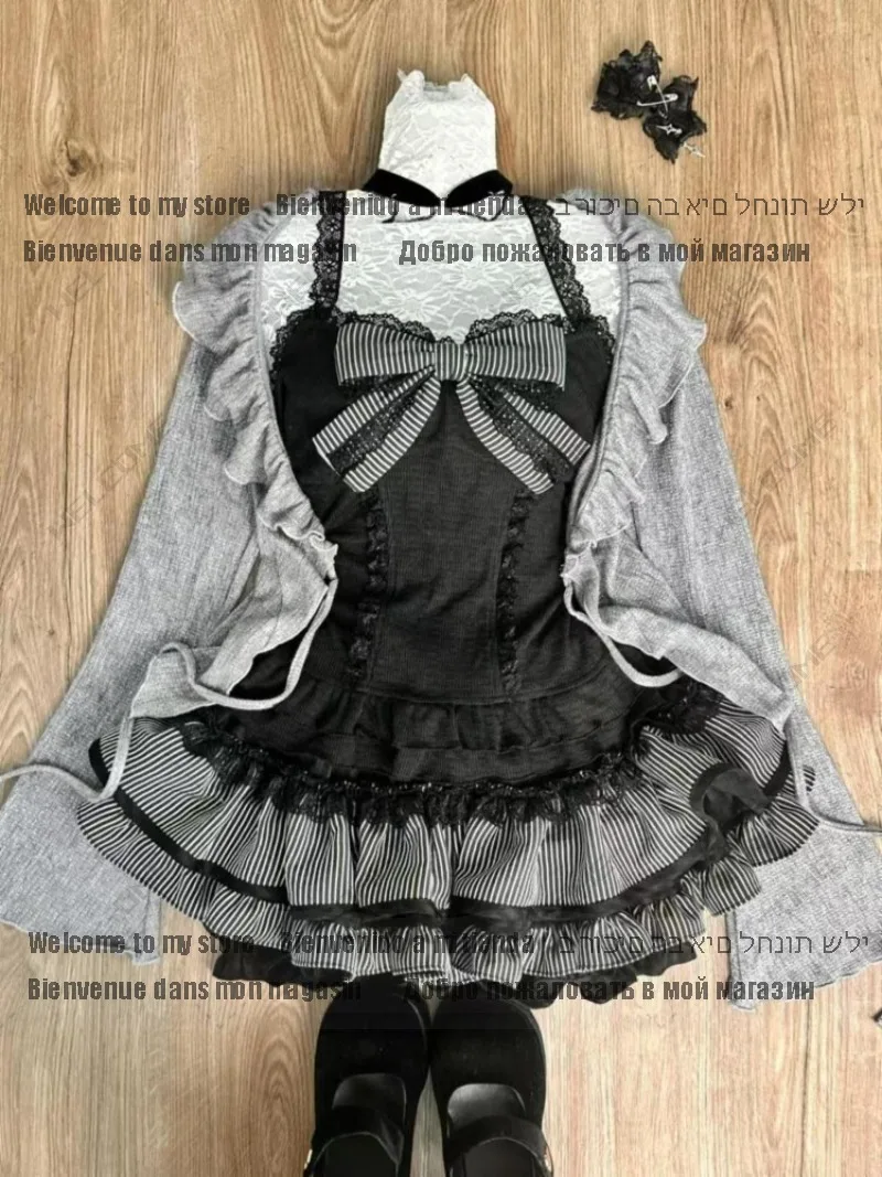 Süße Lolita Schnür Rüschen Strickjacke sexy Slim Fit träger lose Weste Tops hohe Taille geraffte Röcke Frühherbst dreiteilige Sets