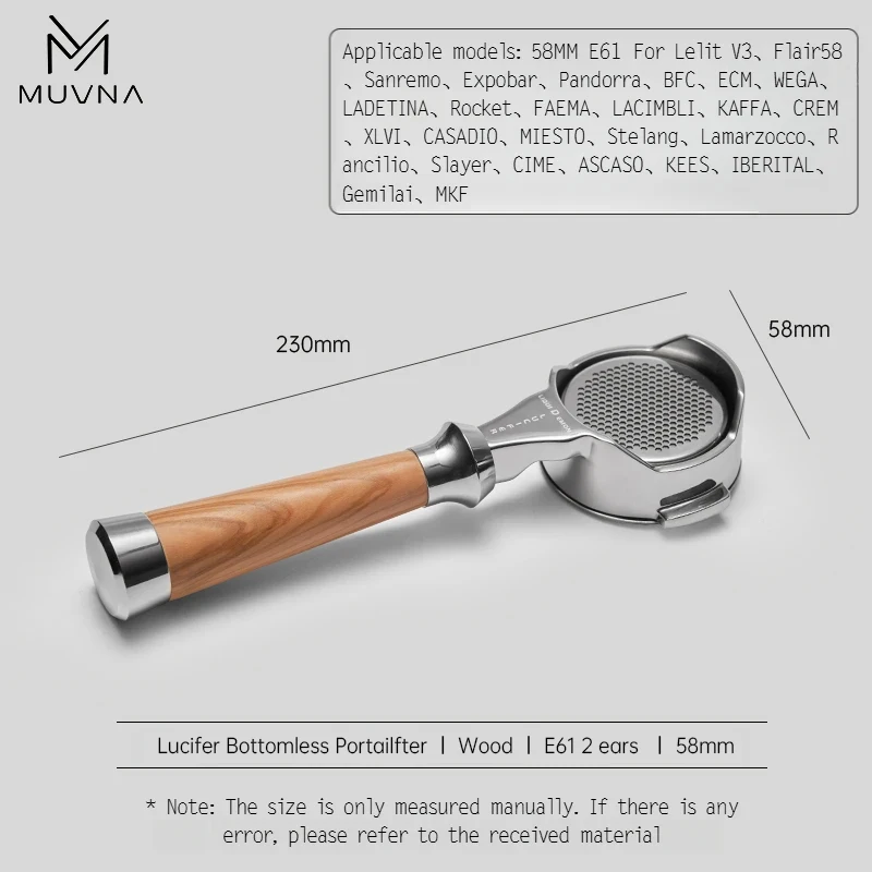MUVNA Espresso bodemloze portafilter Lucifer-serie, naakte portafilter met mand, geschikt voor E61/Nuova/Delonghi/Breville-machines