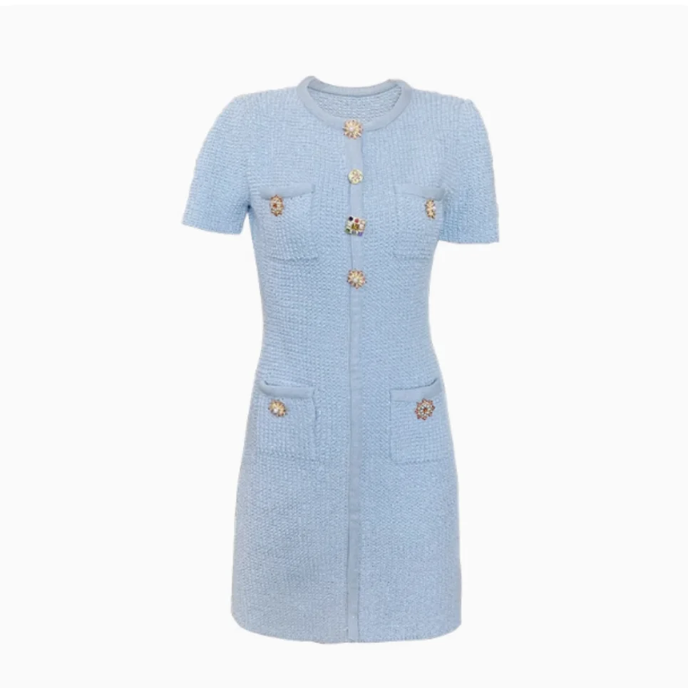 

High-end Haze Blue Dress Celebrity Temperament Knitted Mini Dress