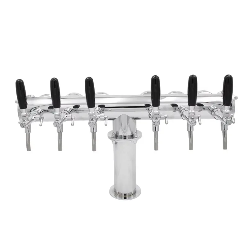 

Silver chrome-plated stainless steel commercial-grade large T-shaped beer tower with 6 taps