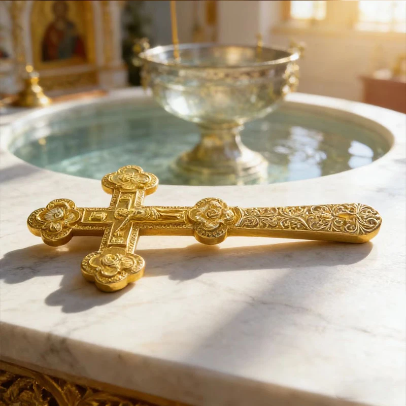 HTISOK Neues Elegantes Goldfarbenes Orthodoxes Handkreuz mit Blumengravuren für Gottesdienste und Persönlichen Spirituellen Schutz – Detail 5