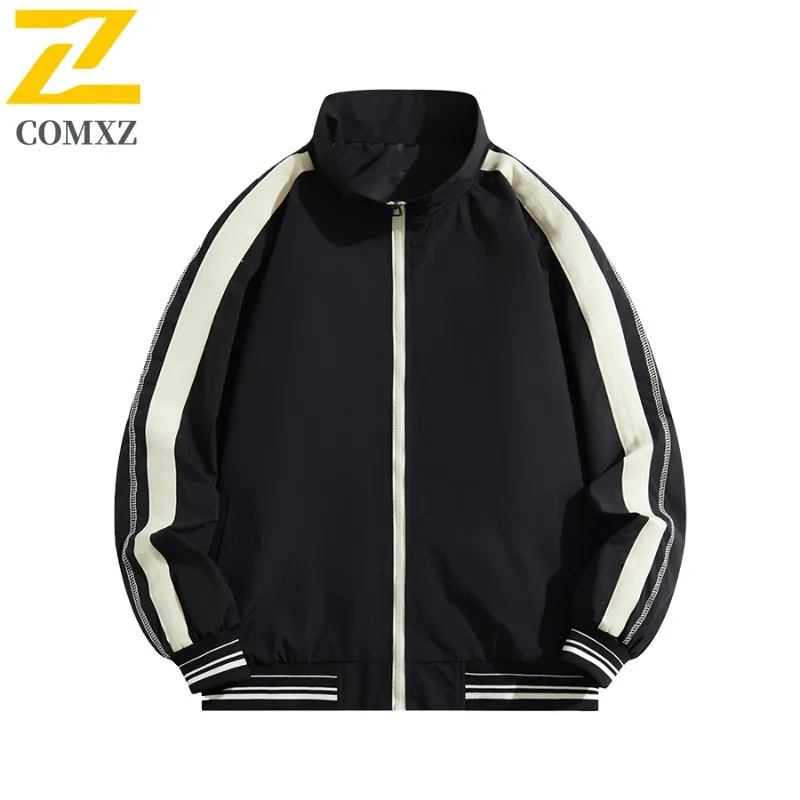 COMXZ خريف جديد الرجال ربيع الخريف العصرية فضفاضة تناسب الحد الأدنى عادية الوقوف طوق الشباب مخطط سترة زوجين ارتداء ملابس خارجية