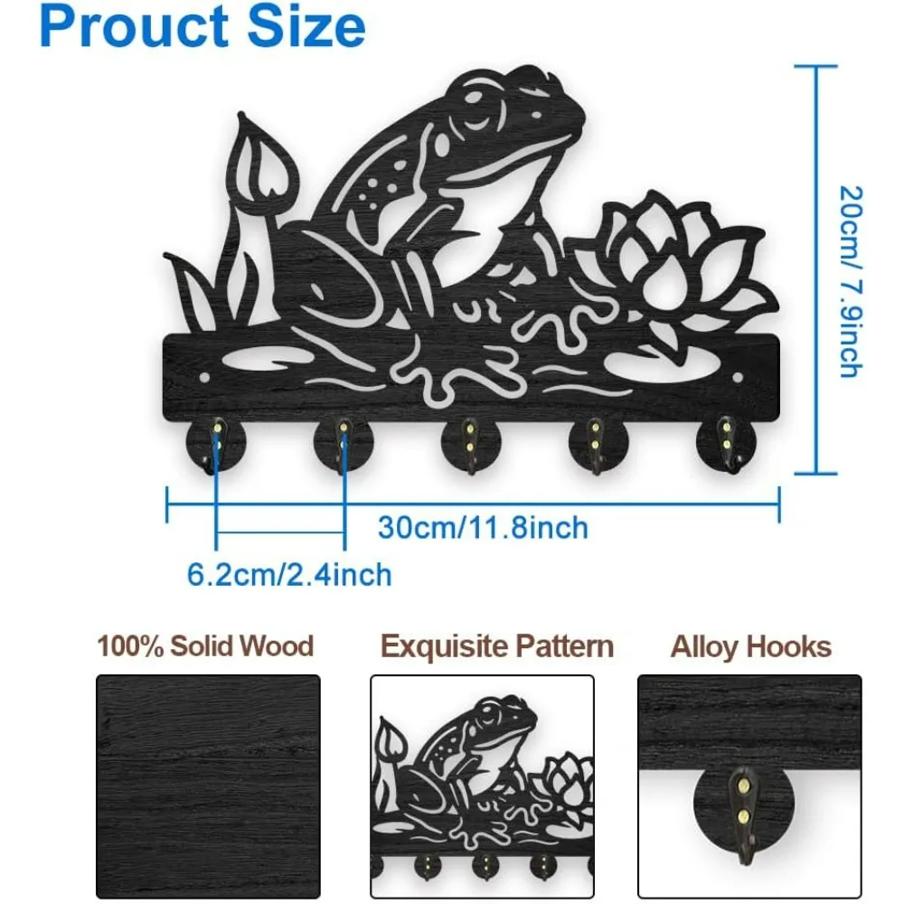 Wooden Frog Lotus Flower Coat Hooks Summer Pond Key Holder for Wall 11.8×7.9inch Decorative Wall Hooks for Hanging with 5