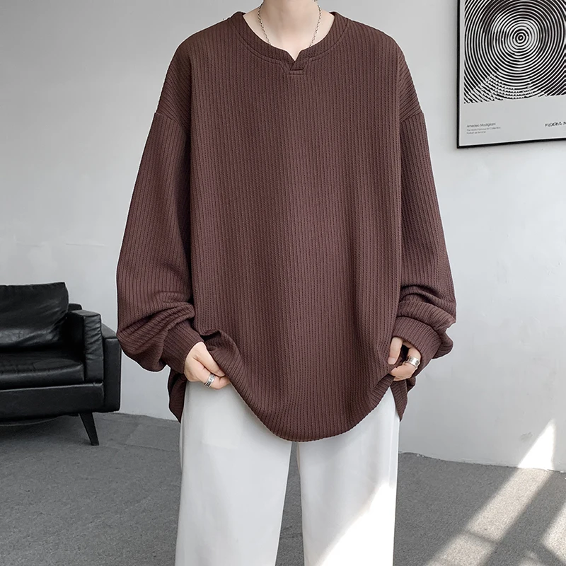 

2025 Trendy Mens V-Neck Stripe Tshirts Men Long Sleeved Solid Color Tops Men Casual Loose Oversized T-Shirt Male Korean Tees