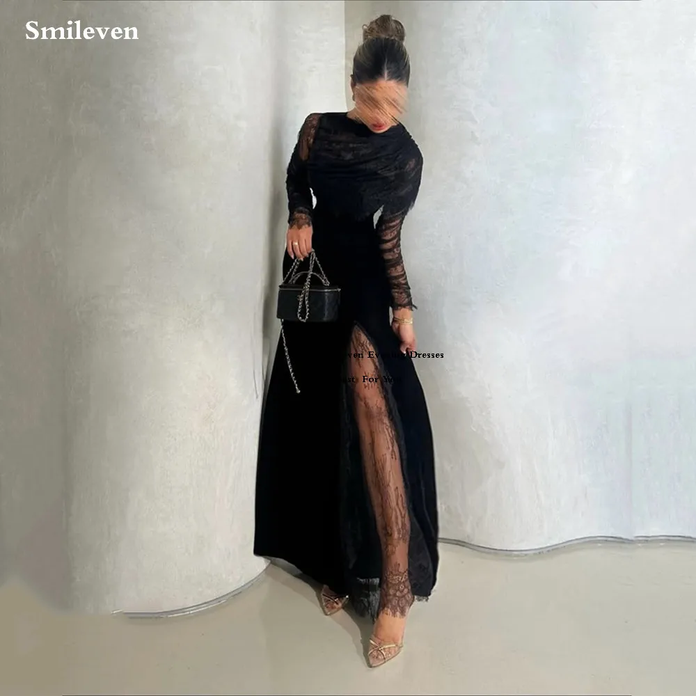 

Smileven Long Sleeve Lace Evening Dresses Side Split Prom Maxi Dresses Modest Birthday Party Gowns Customized