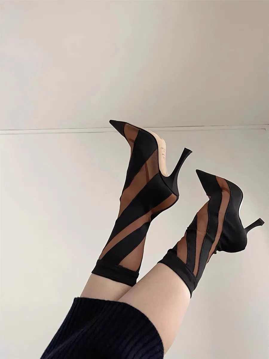 New Pointy Hollowed-Out Mesh Cool Boots Sexy Stripes Transparent Color Contrast High Heel Elastic Socks Boots Women