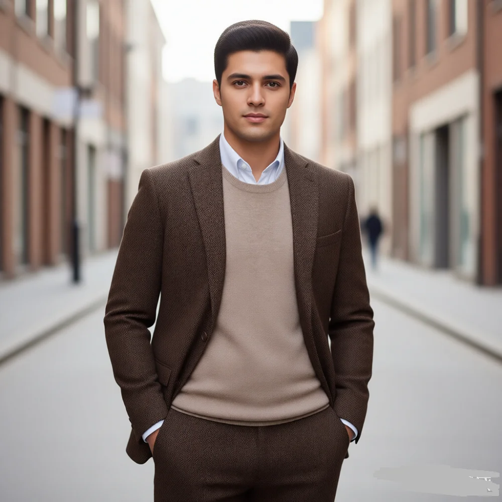 

Мужской коричневый пиджак с рыбьим позвоночником, цельный офисный деловой зимний терно-куртка с лацканами и тиснением, повседневная верхняя одежда