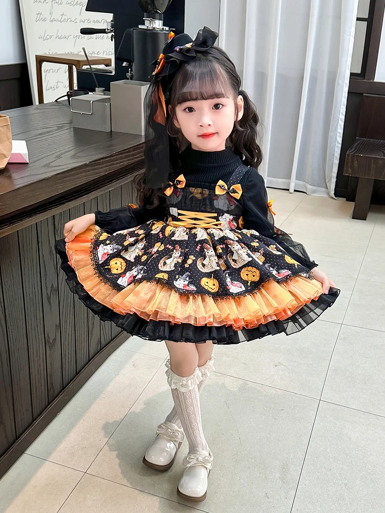 ชุดเด็กผู้หญิงสำหรับเทศกาลฮาโลวีน ชุดเจ้าหญิงตลกๆ สำหรับเด็กผู้หญิง ฤดูใบไม้ร่วง ฤดูหนาว ชุดโลลิต้า ชุดแม่มดฟักทอง ชุดเด็กผู้หญิง