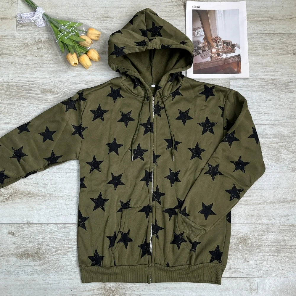 

Woman Clothing E-girl Dark Academia Grunge Zip Up Sweatshirts Punk Style Gothic Star Print Hooded Shirt Autumn Coat Top Y2K Emo