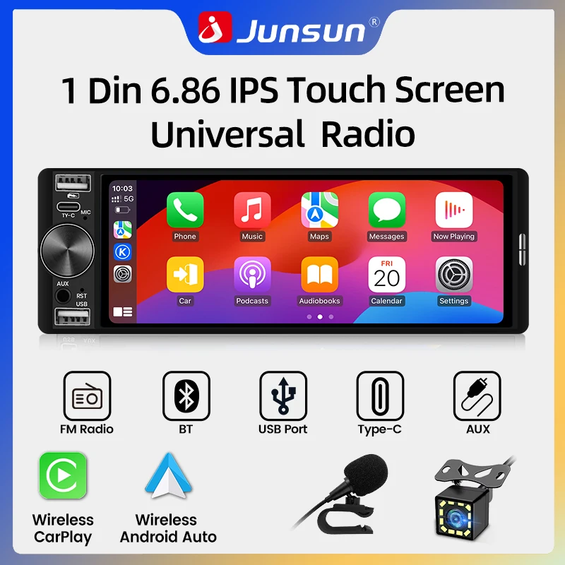 Junsun, autoradio universale con schermo touchscreen HD IPS da 6,86 pollici, compatibile con CarPlay wireless o cablato e Android Auto, lettore multimediale video, display 1Din, telecamera posteriore,