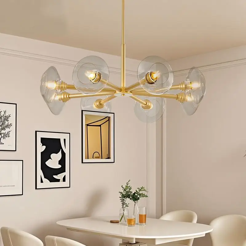 36" Gold 8-Light Sputnik Chandelier with Clear Glass Shades, Mid-Century Pendant Light for Dining Room, Living Room, or