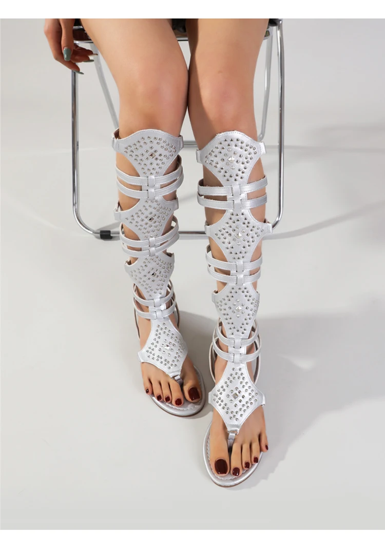 Summer Ridding Knight Booties Gladiator Bohemia Sandals 2024 Knee High Boots Women Flat Heel Strappy Silver Rivets Shoes Flats