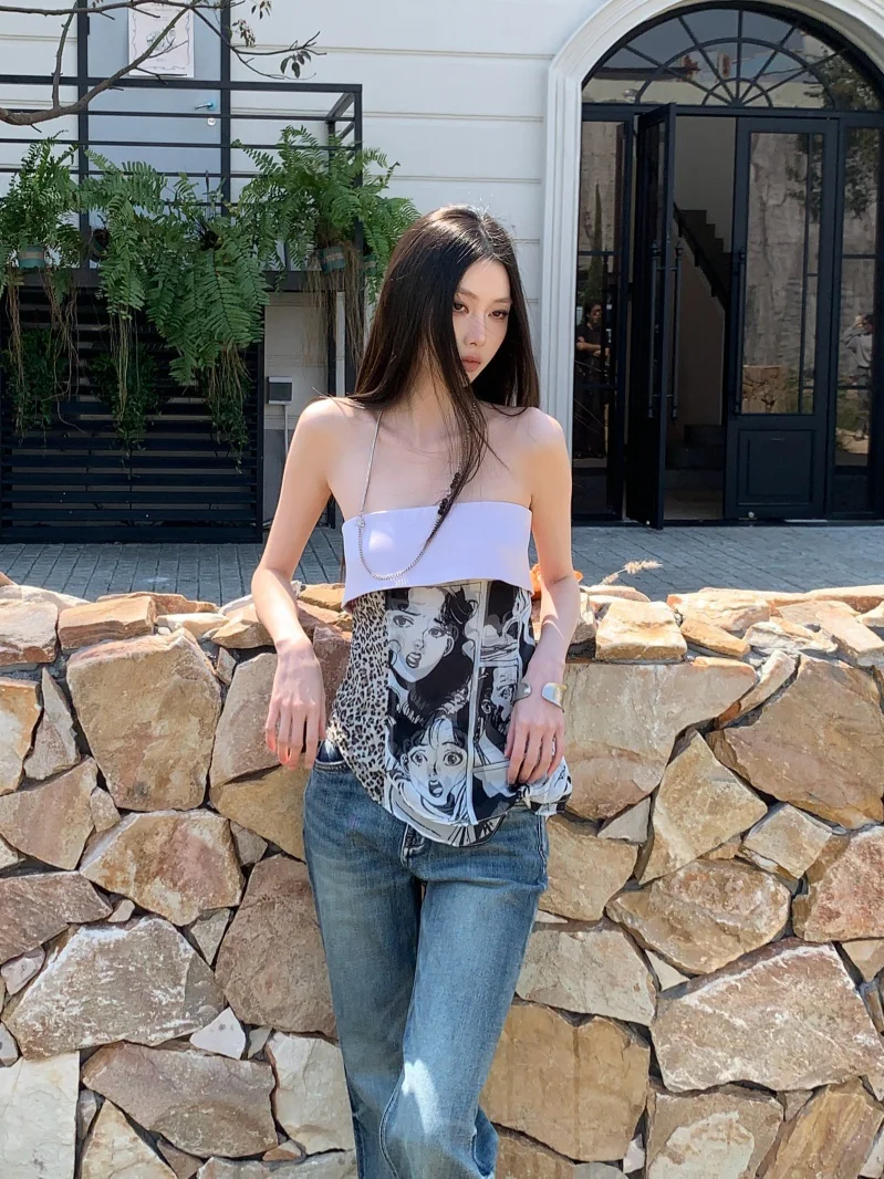 New Chinese Style Design Sensation Retro Print Halter Vest Acetate Satin Print Splicing Wrap Chest Tube Top Women's Fashion