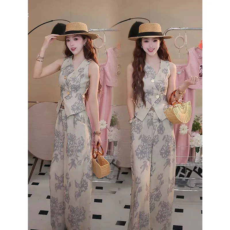 Retro Temperament Set for Women, 2026 Summer New Style High-end Sleeveless Top Wide Leg Pants Two-piece Set