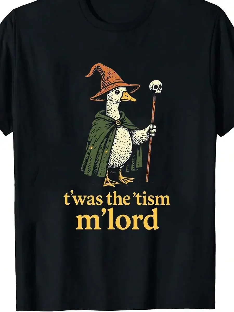1pc Men's Wizard Goose Print Black TShirt, Crew Neck, Casual Cotton Tee Medium Stretch Knit Fabric, Men's Regular Fit Halloween,