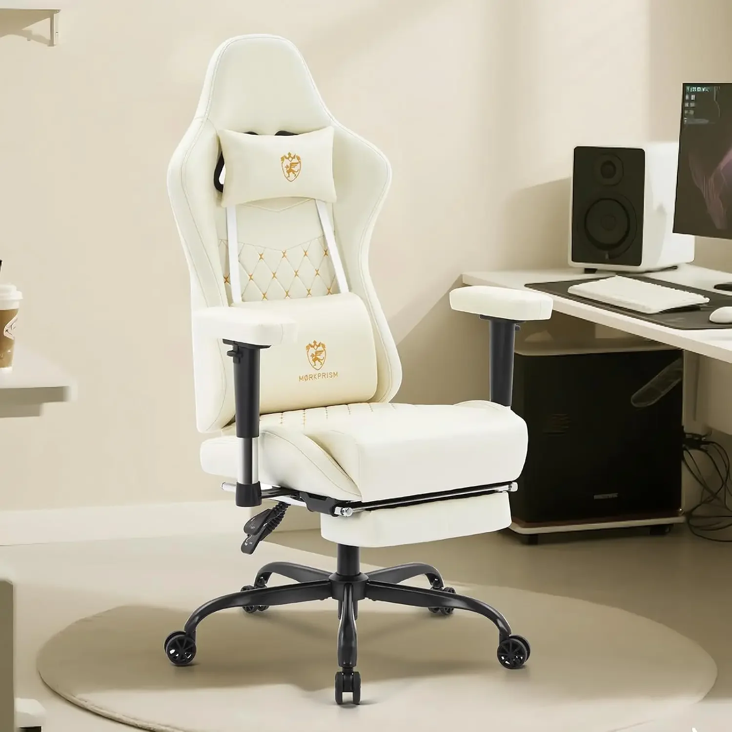Gaming Chair,Computer Office Chair with Massage,Gel Pad,Ivory