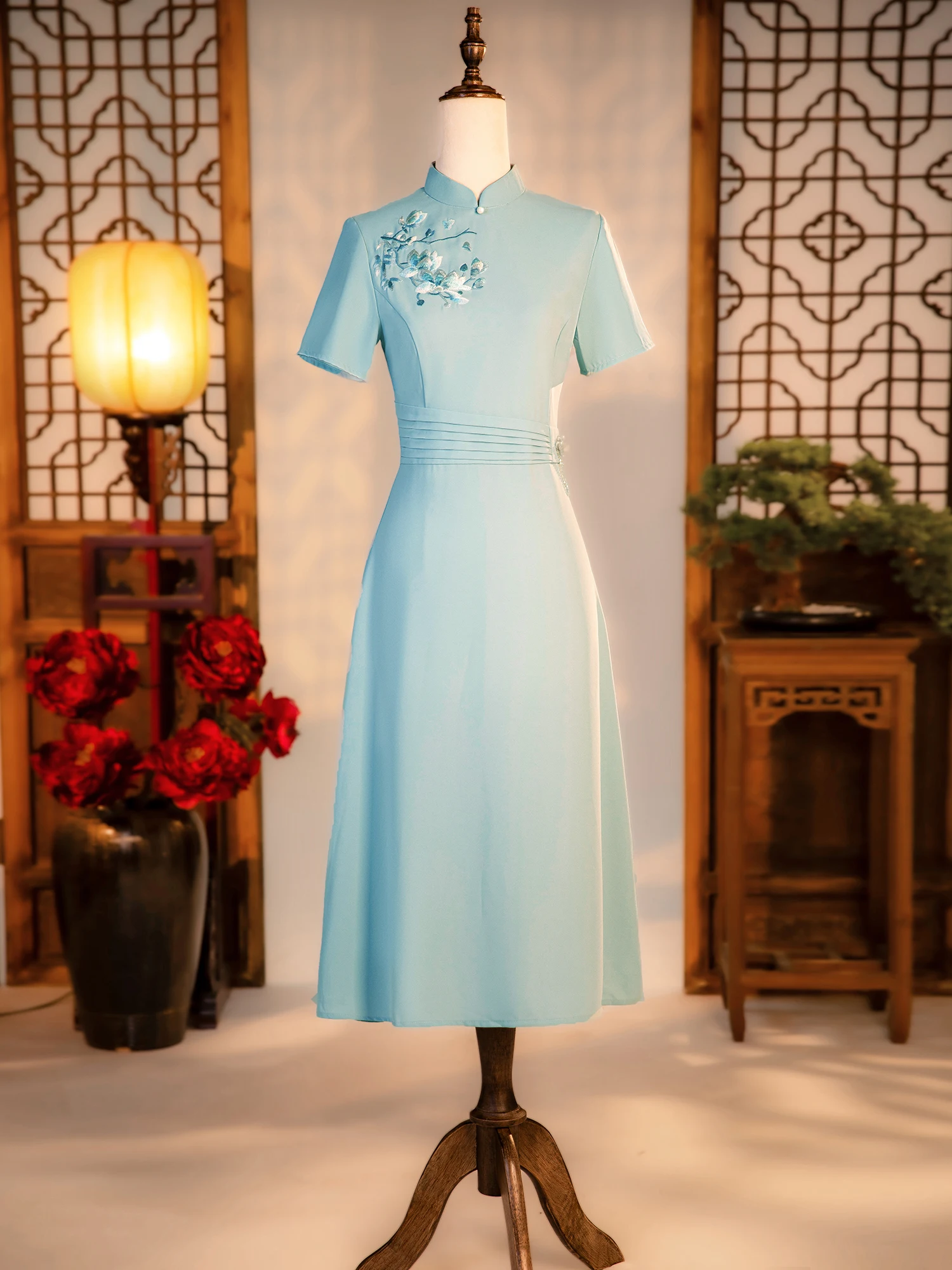 

Ele Ice Blue Wedding Dr for Mom High-End Suitable for Daily Wear Vintage Sle Mid-Length Polyester Blend