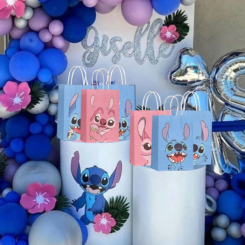 10/20pcs Stitch Themed Party Gift Bags with Handle Blue Pink Stitch Kraft Bags Baby Shower Kids Bithday Party Favors Bags Decor