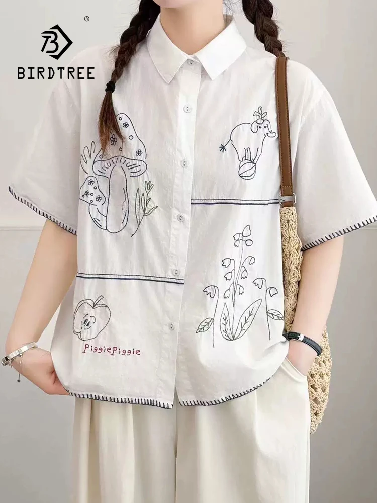 New 2026 Autumn Women Cotton Short Sleeve Shirt, Turn-down Collar Embroidery, Mori Girl Age Reduction Chic Loose Blouse T69748CC