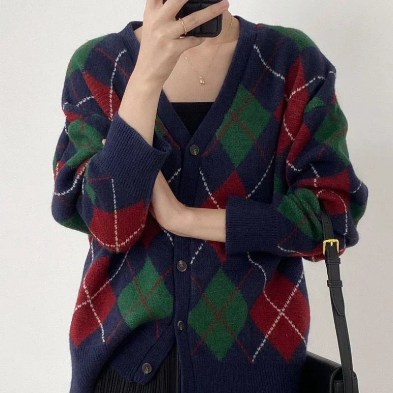 Ladies Sweaters Plaid Knitted Top for Women Winter Button Cardigan Red Modern Y2k Vintage New Knitwear 2024 in Korean Style 90s