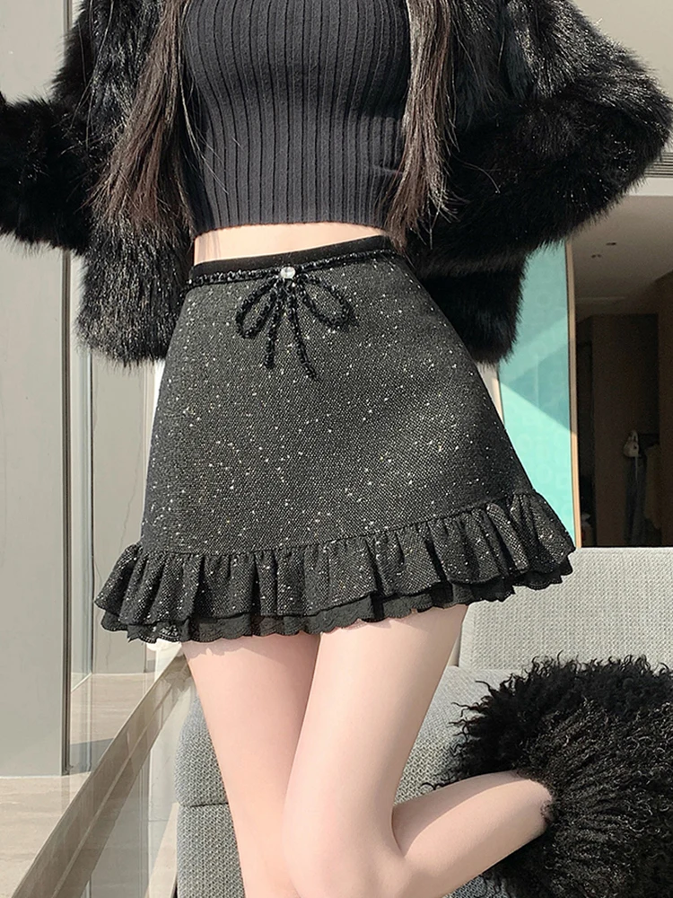 

Slim Fit Ruffles Mini Skirt Women High Waist Bow Sequins Patchwork Casual Skirts Korean Sweet Preppy Vintage Autumn Winter Skirt