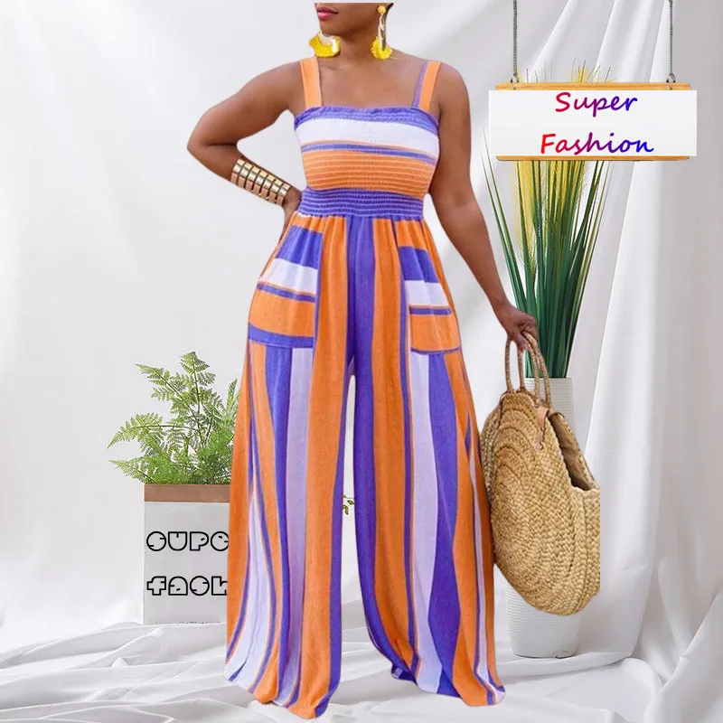 

L-5XL Plus Size Jumpsuit for Women Clothing 2022 Summer Fashion Strap Multicolor Straight Wide Leg Romper Dropshipping Wholesale